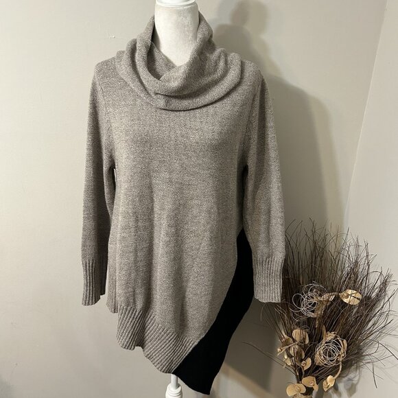 Curio New York Women Tunic Sweater Tan & Black Asymmetrical Hem Cowl Neck Sz XL - Picture 1 of 8